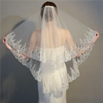 2-слойное дантелено рокля с пайети с дължина 90 см за младоженци, сватбени аксесоари с гребен / булчински воали