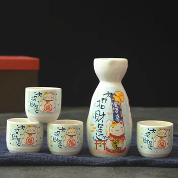 5 БР Японски Алкохол Саке Набор от Порцелан Традиционна Винарска Гърне колекция от Керамични Чаши Занаяти Температурни Чаши За Вино, Подарък Лъки Котка