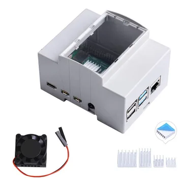 Корпус Raspberry Pi 4B от ABS-пластмаса, с охлаждащ вентилатор, алуминиев радиатор на DIN-шина -Модулна кутия за електрически панели за 4 Pi Model B