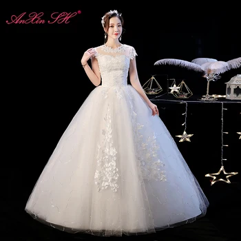 AnXin SH винтажное сватбена рокля на принцеса с бяла дантела и цветя модел, вечерна рокля от Турция с кръгло деколте, иллюзионное бална рокля, бяла сватбена рокля