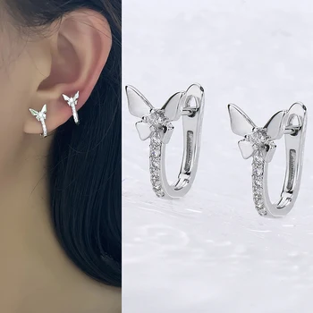 Сладки Сладки Обеци-Пеперуди от Цирконий за Жени, Модни Обеци с Катарама за Уши, Корейски Бижута Сребърен Цвят