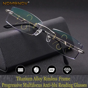 NOMANOV = Прогресивно мультифокальные очила за четене без рамки от титанова сплав с диамантена огранкой, видими от близо и далеч ОТГОРЕ 0 ДОБАВИ + 0,75 до +3