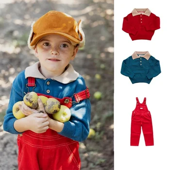 В наличност 2022fin Пролетта Вязаный Пуловер с Ревера, Детски пуловер, Червен Деним гащеризони за момчета и момичета