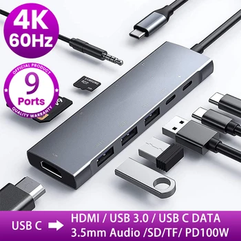 USB C Хъб 4 До @ 60 Hz HDMI Адаптер 100 Вата Мощност на Доставка 3xUSB3.0 3,5 mm Жак, SD/TF Слот за карта, за USB C лаптоп, смартфон huawei, xiaomi