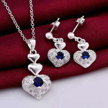 Стерлинговое Сребро 925 проба, синьо кристално сърце, медальон, огърлица, обеци, Бижута за Жени, модни вечерни сватбени аксесоари, подаръци