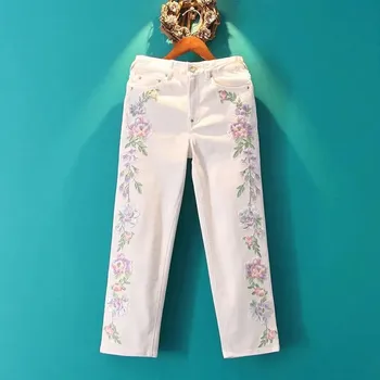 Дамски дънки с бродерия в китайски стил в стил ретро, пролетно-летни Панталони с Дължина до глезена, Бели прави Панталони, Всекидневни дънкови Панталони Y9