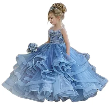 Нова Рокля на Цветя Модел За Момичета На Сватба, Диференцирани Тюлевое Рокля с 3D цветове, Рокля за Малка Принцеса Рожден Ден, премяна