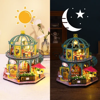 CUTEBEE САМ Цвете Малка Къща на Малка Дървена Led Лампа Куклени Къщи Мини Градински Комплект Мебели За Деца, Подарък За Рожден Ден