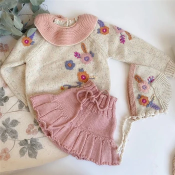 Красиви Детски Пуловери ръчно плетени за момичета и пола в тон на Детска Вълна Вязаной дрехи за Малките момичета, Фирмен Дизайн