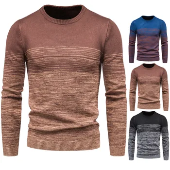 Нов Мъжки Вязаный Пуловер Пуловер с Кръгло Деколте, Многоцветен Контрастен Модерен Пуловер С Дъното