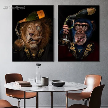 Любимец на Шефа Плакати г-Н Лъв и Маймуна да Пушат, Пият Шампанско Платно Картина Начало Декор на Стената Картина на Забавни Животни на Открито