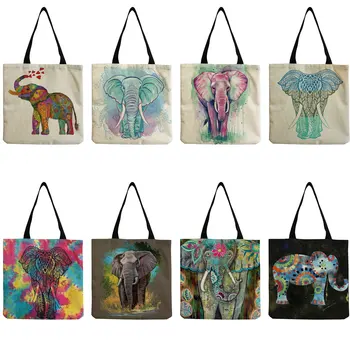 Индивидуални Торбички с Принтом Мандала под формата на Слон, за Жени, Модни Торби за Многократна употреба за Пазаруване, Пътна Училищната Чанта на Рамото, Жените