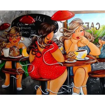 Ръкоделие,DMC САМ Отпечатани в Canva Жените пият кафе Снимки, Комплекти За Бродерия Комплект Пълна Бродерия на кръстат бод