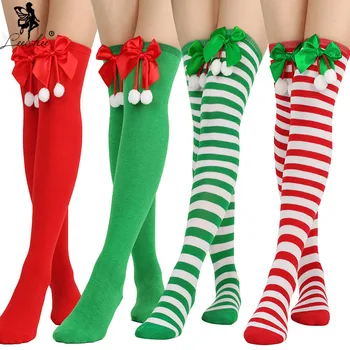 Шарени Чорапи с Лък Leechee, Дамски Секси Дълги Чорапи-тръба, Чорапи-топки, Забавни Коледни Подаръци, Сладки Чорапи Над Коляното За Момичета