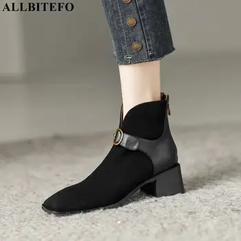 Size34-42 2022 Ново записване, женски ботуши на висок ток от мека естествена кожа с квадратни пръсти, модерен есенно-зимни обувки, ботильоны