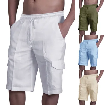 2022 НОВИ 100% Ленени Широки Мъжки панталони-карго с множество джобове, Летни Ежедневни Мъжки къси панталони оверсайз Дължина до коляното