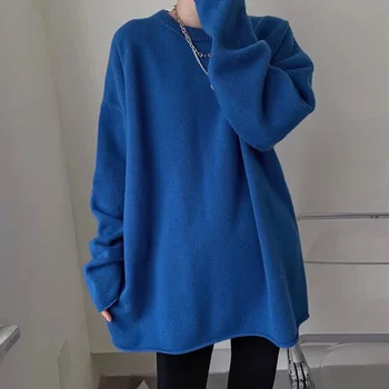 Старши 100% чист вълнен пуловер женски Клайн син пуловер с кръгло деколте свободен сгъсти вязаный пуловер със средна дължина