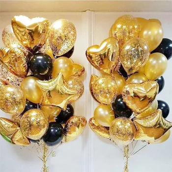 Черни И Златни Балони Звезди Сърцето Балони Балони, Конфети Глобуси Набор От Бала Нова Година Детски Душ Сватба, Рожден Ден Декор