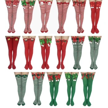 Дамски Коледни Шарени Чорапи До Бедрото, с Лък на Дядо Коледа Над Пръсти До Коляното