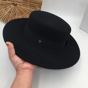 Черна вълнена шапка с плосък покрив, жените дама, ретро-дива голяма шапка, джаз шапка на филц шапки Панама
