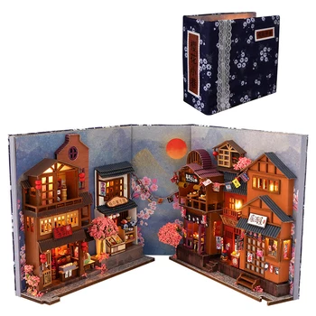 Bookshelf Вмъкване на 3D Книжен Ъгъл Полк Поставяне Декор, Дървени Пъзели Куклена Къща Поставяне на лавица за книги Поставка За Книги, Миниатюрни Комплект С Led