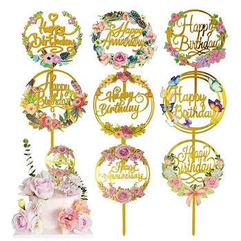 Пъстроцветни Цветя, Честит Рожден Ден Торта Topper Златен Акрил Торта За Рождения Ден На Topper За Парти По Случай Рождения Ден На Доставка Украса На Тортата