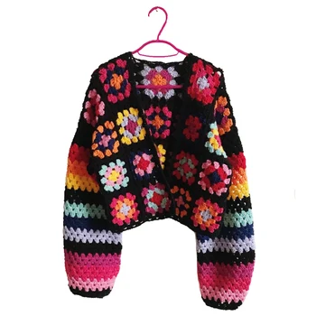 Цветна жилетка на една кука сладък Рейнбоу пуловер, Бял баба площад жилетка цвят мозайка блокиране на една кука дрехи дама