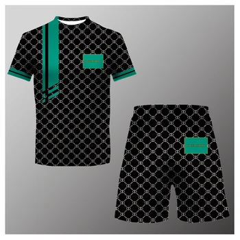 Пролетно-лятна мъжка тениска с Къс ръкав и Градиентным принтом в клетка с 3D Прости букви, Панталони, Всекидневни Спортен Комплект в стил уличном